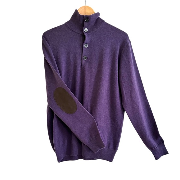 Enzo Mantovani Cashmere 4 Button Elbow Patch Sweater Purple Med Preppy Academia - Picture 4 of 6